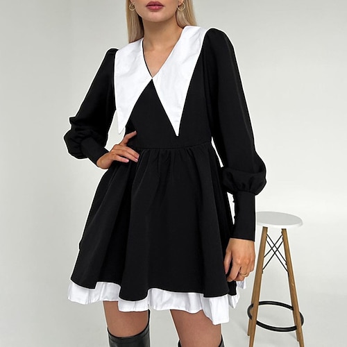 

Women's Vintage Dress Black Long Sleeve Pure Color Patchwork Button Winter Fall V Neck Stylish Fall Dress 2022 S M L / Winter Dress