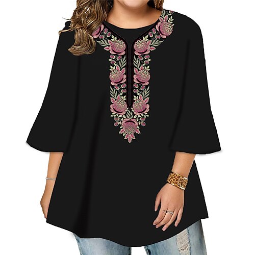 

Women's Plus Size Tops Blouse Shirt Floral Print 3/4 Length Sleeve Crewneck Casual Daily Holiday Cotton Spandex Jersey Fall Winter Purple Black