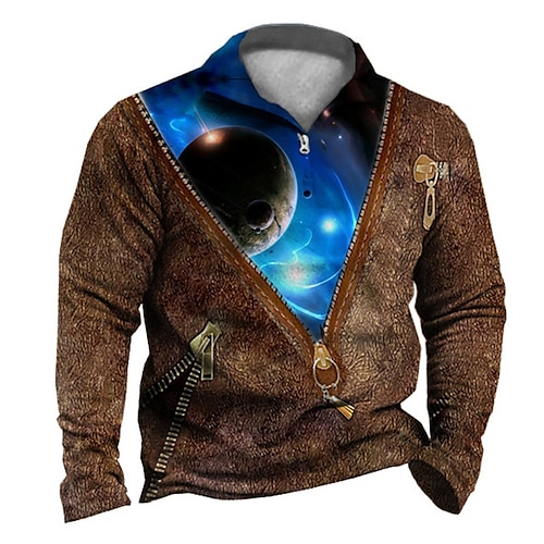 

Men's Zip Up Sweatshirt Pullover Quarter Zipper Sweatshirt Brown Half Zip Galaxy Graphic Prints Zipper Print Daily Sports 3D Print Designer Casual Big and Tall Spring & Fall Clothing Apparel Hoodies