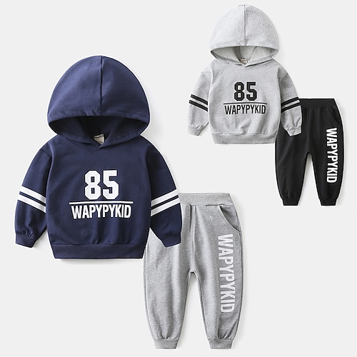

2 Pieces Kids Boys Hoodie & Pants Clothing Set Outfit Letter Number Stripe Long Sleeve Cotton Set Outdoor Fashion Cool Winter Fall 3-7 Years Navy Blue Gray