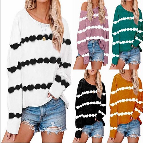 

Women's T shirt Tee Stripes Round Neck Standard Winter