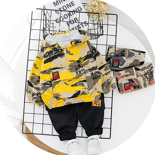 

2 Pieces Toddler Boys Hoodie & Pants Outfit Letter Camo Long Sleeve Cotton Set Outdoor Fashion Daily Winter Fall 3-7 Years Yellow Orange Gray