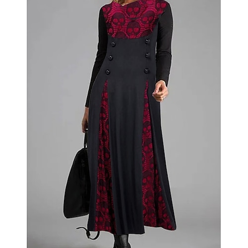 

Women's Swing Dress Print Dress Midi Dress Black Long Sleeve Skull Print Skeleton Print Fall Winter Boat Neck Stylish Modern Halloween 2022 S M L XL 2XL 3XL