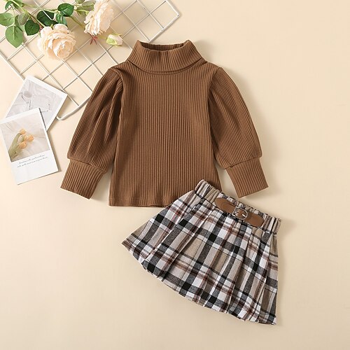 

2 Pieces Toddler Girls' Plaid Clothing Set Set Long Sleeve Active Performance 3-7 Years Winter Brown / Cute / Fall