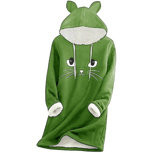 

Women's Plus Size Tops Fleece Hoodie Sweatshirt Animal Cat Pocket Long Sleeve Hooded Casual Sherpa Fleece Daily Going out Cotton Blend Winter Fall Green Black