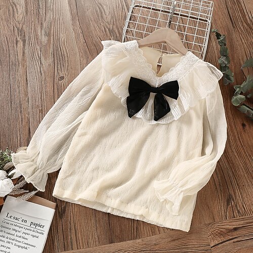 

Kids Girls' Blouse Solid Color School Long Sleeve Lace Cute 7-13 Years Winter Beige / Ruffle / Fall / Spring / Summer