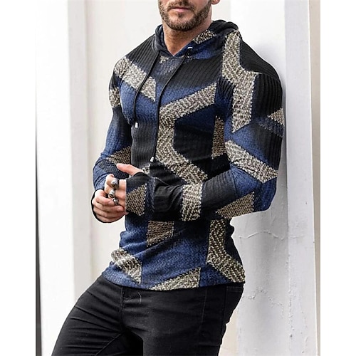 

Men's T shirt Tee Graphic Geometric Hooded Navy Blue Gray Black 3D Print Outdoor Street Long Sleeve Print Clothing Apparel Fashion Designer Casual Breathable