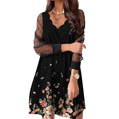 

Women's Casual Dress Mini Dress Green Black Gold Long Sleeve Floral Mesh Winter Fall Autumn V Neck Winter Dress Fall Dress 2022 S M L XL XXL
