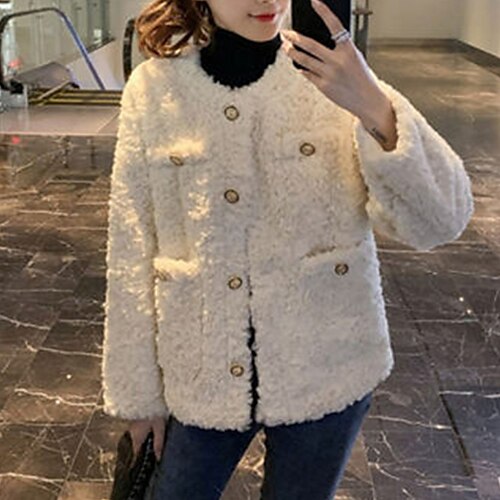 

Women's Sherpa jacket Fleece Jacket Teddy Coat Windproof Warm School Outdoor Street Daily Pocket Single Breasted Crewneck OL Style Modern Preppy Style Solid Color Regular Fit Outerwear Long Sleeve