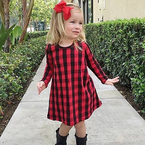 

Kids Girls' Dress Plaid A Line Dress Dress School Long Sleeve Active Dress 3-7 Years Winter Red