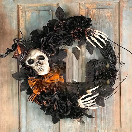 

Halloween Party Festival Skull Wreath Simulation Flower Halloween Decoration Wreath Door Hanging Rattan Circle Wall Hanging