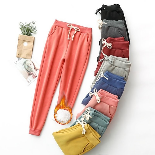 

Women's Joggers Fleece Pants Pants Trousers Cotton Blend Fleece lined Denim Blue pea green Cerise High Waist Casual Office Vacation Side Pockets Baggy Stretchy Full Length Thermal Warm M L XL 2XL 3XL
