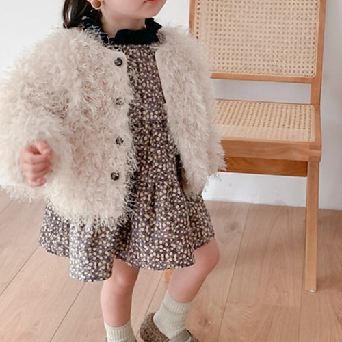 

Toddler Girls' Faux Fur Coat Solid Color Active Formal Coat Outerwear 7-13 Years Winter Black Beige