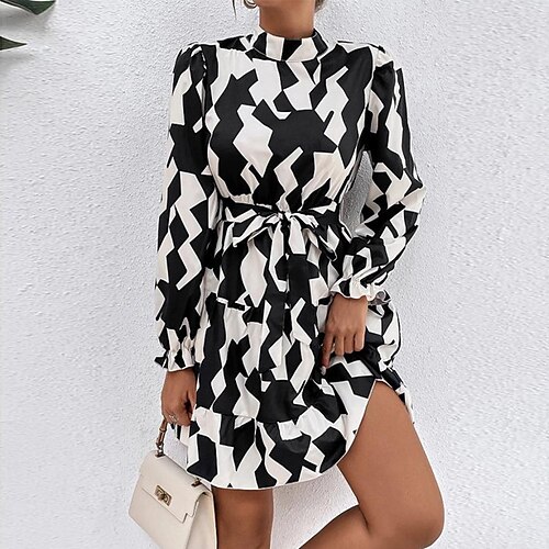 

Women's Casual Dress Shift Dress Black And White Long Sleeve Geometric Lace up Winter Fall Autumn Turtleneck Winter Dress Weekend Fall Dress Loose Fit 2022 S M L XL XXL 3XL