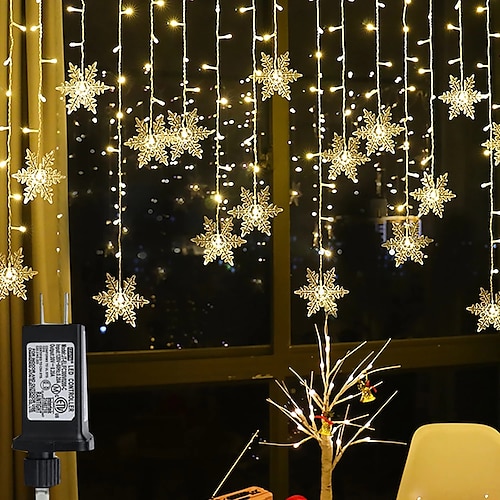 

Snowflake Window Curtain Lights LED Fairy Christmas Lights Plug in 5m 216Leds 36 Drooping Icicle String Lights 8 Lighting Modes Christmas Home Party Holiday Garden Window Outdoor House Landscape Decoration 31V EU/US/AU/UK Plug