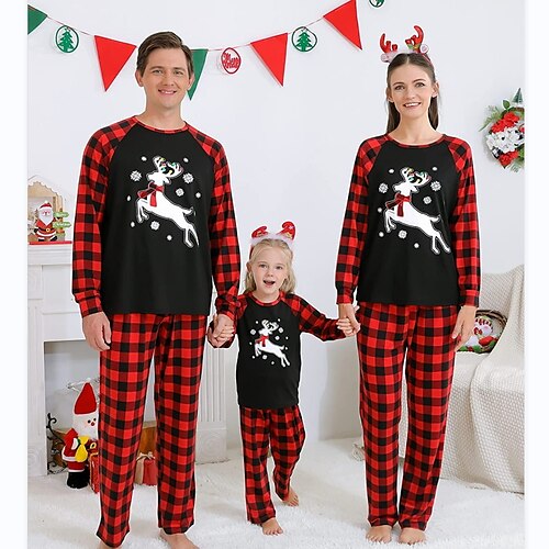 

Family Look Christmas Pajamas Plaid Deer Home Black Long Sleeve Basic Matching Outfits