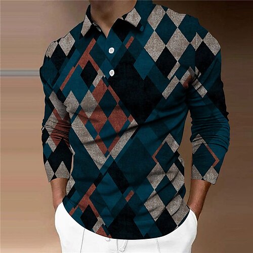 

Men's Collar Polo Shirt Golf Shirt Plaid Graphic Prints Geometry Turndown Blue 3D Print Outdoor Street Long Sleeve Button-Down Print Clothing Apparel Fashion Designer Casual Soft