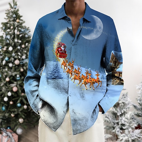 

Men's Shirt Santa Claus Elk Turndown Green Blue WhiteGray Dusty Blue Red 3D Print Outdoor Christmas Long Sleeve Button-Down Print Clothing Apparel Fashion Designer Casual Breathable