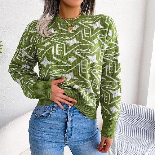 

Women's Pullover Sweater jumper Jumper Ribbed Knit Knitted Geometric Crew Neck Stylish Casual Outdoor Daily Winter Fall Green Black S M L / Long Sleeve