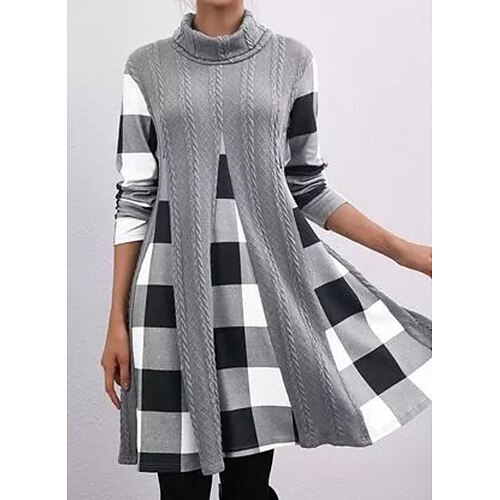 

Women's Sweater Dress Casual Dress Knee Length Dress Gray 3/4 Length Sleeve Plaid Patchwork Fall Winter Stand Collar Stylish Casual 2022 S M L XL XXL 3XL