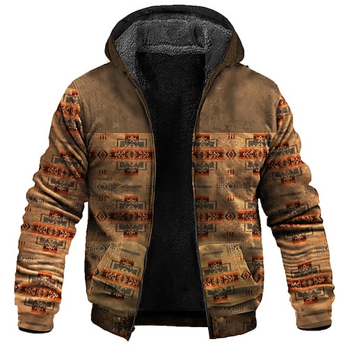 

Men's Fleece Jacket Full Zip Hoodie Fleece Hoodie Sherpa Jacket Brown Hooded Tribal Graphic Prints Zipper Print Sports & Outdoor Daily Sports 3D Print Fleece Streetwear Designer Casual Winter