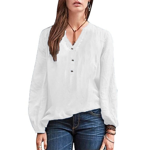 

Women's Blouse Shirt claret Black Blue Plain Button Long Sleeve Casual Basic V Neck Regular S