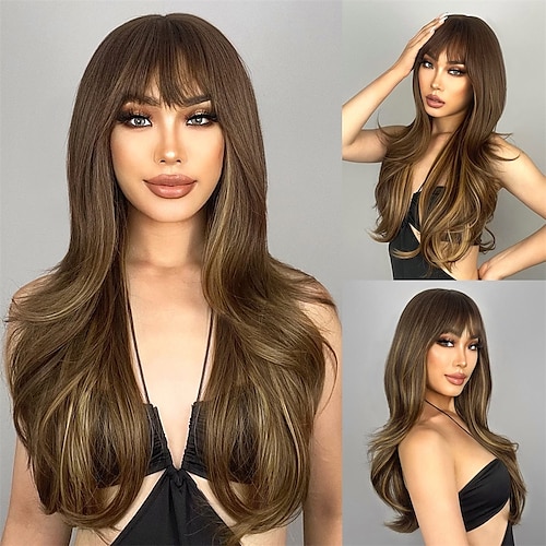 

Brown Wigs with Bangs Long Layered Wigs for Women Brown Mixed Blonde Synthetic Wig Heat Resistant Natural Looking Wigs for Daily Party Use ChristmasPartyWigs