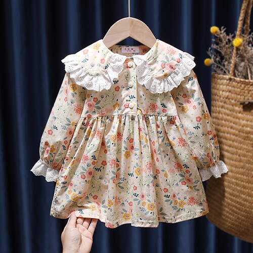 

Kids Girls' Dress Floral A Line Dress Above Knee Dress Outdoor Cotton Long Sleeve Fashion Dress 3-7 Years Winter Green Blue Beige / Plaid / Fall