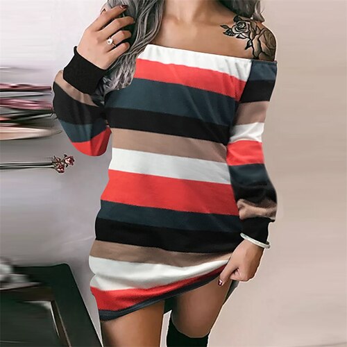 

Women's Casual Dress T Shirt Dress Tee Dress Blue Orange Red Long Sleeve Striped Patchwork Winter Fall Off Shoulder Stylish Casual Fall Dress Loose Fit 2022 S M L XL 2XL / Winter Dress