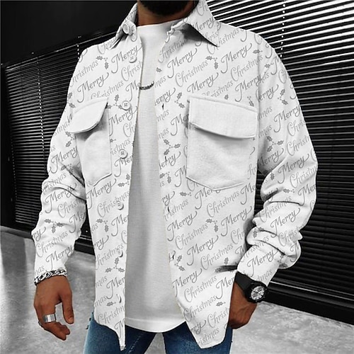 

Men's Jacket With Pockets Christmas Daily Wear Vacation Single Breasted Turndown Streetwear Casual Comfort Jacket Outerwear Letter Front Pocket Print White Black / Long Sleeve