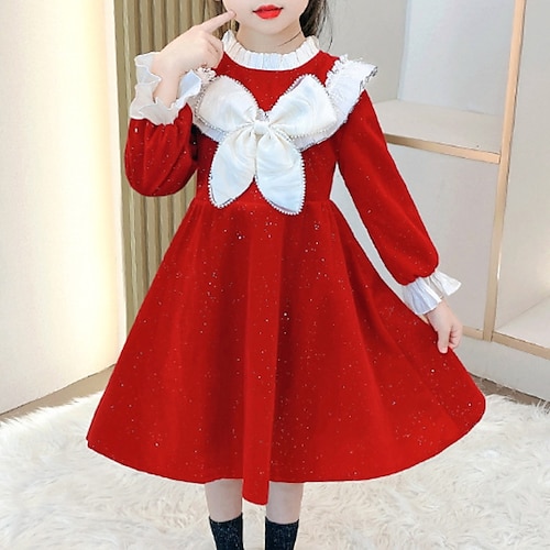 

Kids Girls' Christmas Dress Red Sequin A Line Dress Casual Red Midi Long Sleeve Adorable Sweet Dresses Winter Fall Regular Fit 2-12 Years