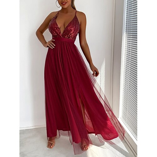 

Women's Party Dress Sequin Dress Swing Dress Long Dress Maxi Dress claret Green Champagne Sleeveless Pure Color Sequins Winter Fall Autumn Spaghetti Strap Party Evening Party 2022 S M L XL