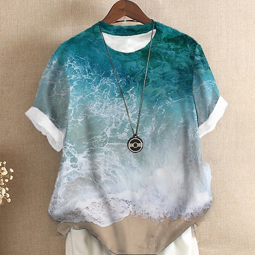 

Women's Plus Size Tops T shirt Tee Color Gradient Print Short Sleeve Crewneck Streetwear Daily Sports Cotton Spandex Jersey Spring Summer Blue