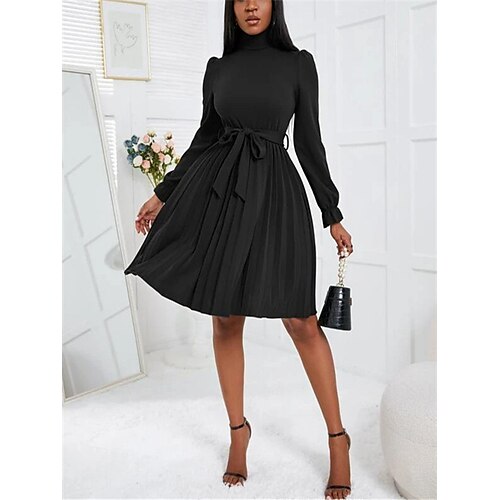 

Women's Casual Dress Swing Dress Midi Dress claret Green Black Long Sleeve Pure Color Ruched Winter Fall Autumn Turtleneck Fashion Winter Dress Fall Dress 2022 S M L XL