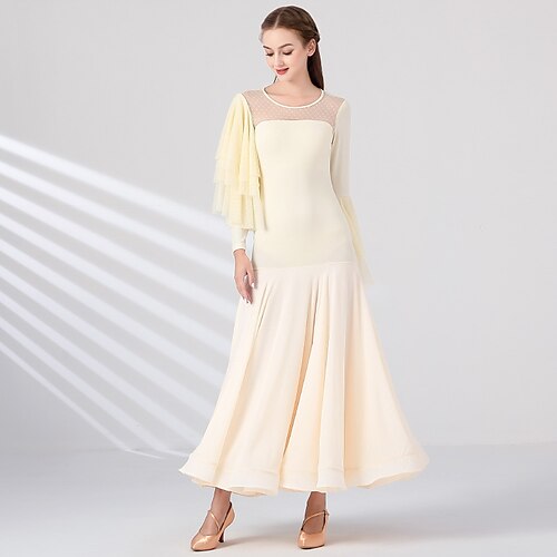 

Ballroom Dance Dress Pure Color Tulle Women's Performance Training Long Sleeve Crystal Cotton Mesh Tulle