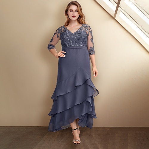 

A-Line Plus Size Curve Mother of the Bride Dresses Elegant Dress Formal Ankle Length Half Sleeve V Neck Chiffon with Ruffles Appliques 2022