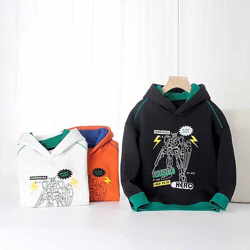 

Kids Boys Hoodie Pullover Cartoon Letter Long Sleeve Children Top Outdoor Cotton Hoodie Active Fashion Black Orange Beige Winter 7-13 Years / Fall