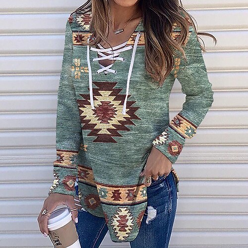 

Women's Sweatshirt Pullover Streetwear Ethnic Green Geometric Street V Neck Long Sleeve S M L XL 2XL