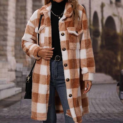 

Women's Sherpa jacket Fleece Jacket Teddy Coat Warm Breathable Outdoor Daily Wear Vacation Going out Pocket Single Breasted Turndown Active Comfortable Street Style Plush Plaid Regular Fit Outerwear