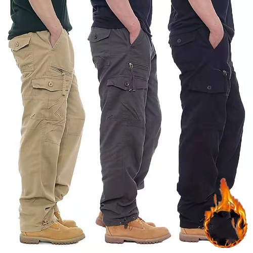 

Men's Cargo Pants Fleece Pants Winter Pants Trousers Zipper Leg Drawstring Multi Pocket Solid Color Warm Wearable Full Length Casual Daily Going out 100% Cotton Sports Stylish ArmyGreen Black