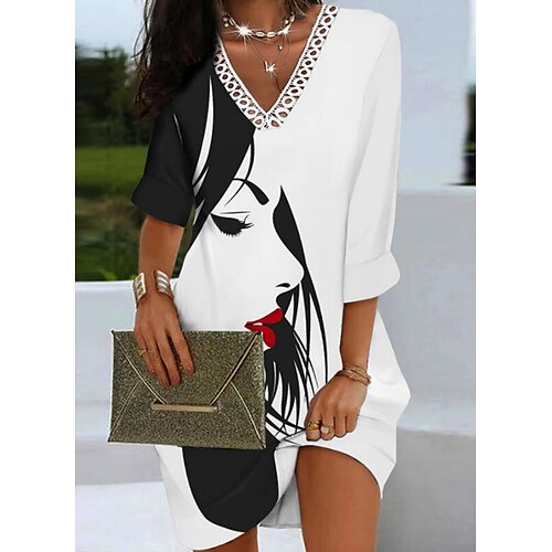 

Women's Print Dress Mini Dress White Long Sleeve Print Print Winter Fall V Neck Casual Modern Fall Dress 2022 S M L XL 2XL 3XL / Winter Dress