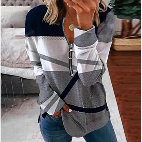 

Women's Shirt White Geometric Quarter Zip Print Long Sleeve Casual Basic V Neck Regular Geometric S