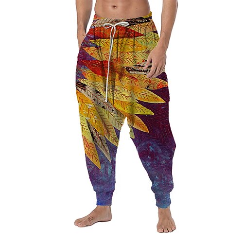 

Men's Trousers Baggy Harem Pants Drawstring Elastic Waist 3D Print Leaf Graphic Prints Comfort Soft Casual Daily Holiday Streetwear Ethnic Style Blue Yellow Micro-elastic / Designer / Drop Crotch