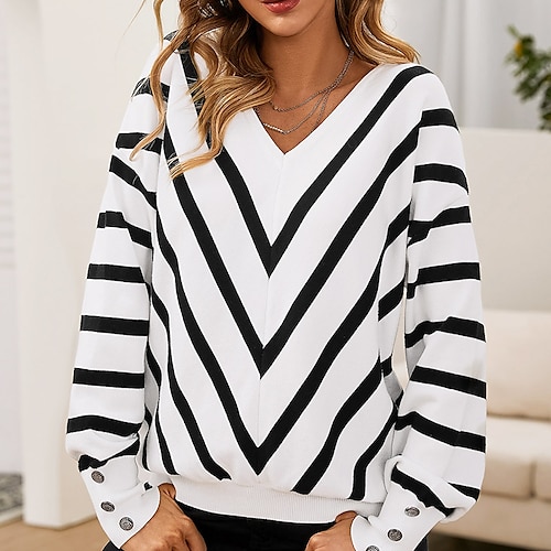 

Women's Pullover Sweater jumper Jumper Ribbed Knit Knitted Striped V Neck Stylish Casual Outdoor Daily Winter Fall White S M L / Long Sleeve / Regular Fit / Going out