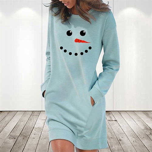 

Women's Christmas Hoodie Dress Winter Dress Short Mini Dress Light Blue Grey White Long Sleeve Snowman Pocket Print Fall Winter Crew Neck Stylish Casual 2022 S M L XL 2XL / Cotton