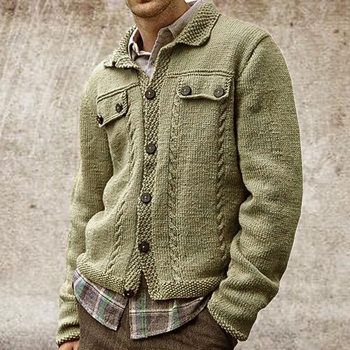 

Men's Sweater Cardigan Knit Knitted Solid Color Shirt Collar Stylish Vintage Style Daily Wear Clothing Apparel Winter Fall Khaki M L XL