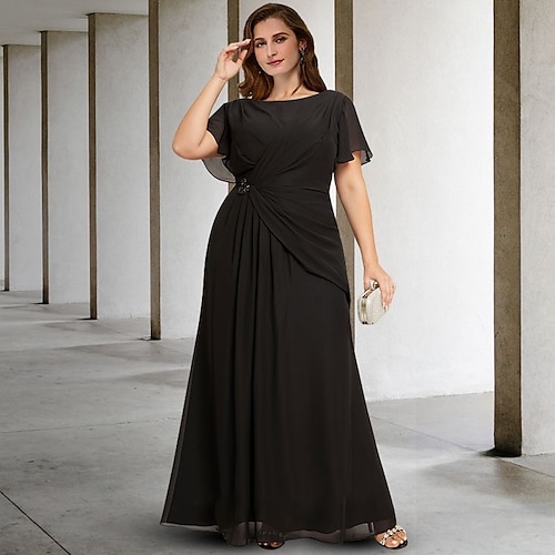 

A-Line Plus Size Curve Mother of the Bride Dresses Elegant Dress Formal Floor Length Sleeveless Jewel Neck Chiffon with Ruched Crystals 2022