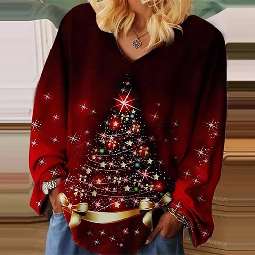 

Women's Shirt Red Christmas Tree Print Long Sleeve Christmas Casual Streetwear V Neck Regular Floral XL