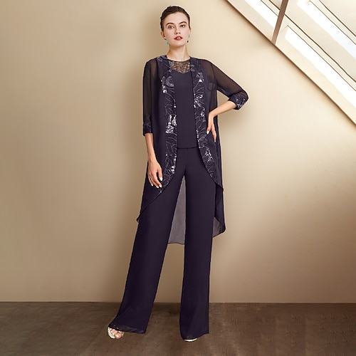 

Pantsuit 3 Piece Suit Mother of the Bride Dress Plus Size Elegant Jewel Neck Floor Length Chiffon Lace Sequined Sleeveless Wrap Included with Sequin Appliques 2022
