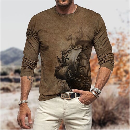 

Men's T shirt Tee Graphic Prints Rudder Crew Neck Brown 3D Print Outdoor Street Long Sleeve Print Clothing Apparel Basic Vintage Sports Designer